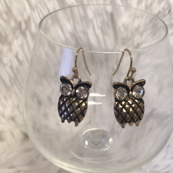 Antiqued Bronze & Crystal Owl Earring Set - Picture 6 of 8